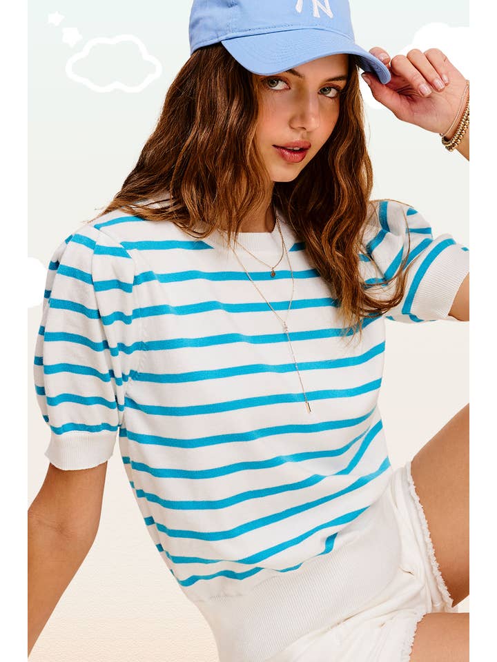 La Miel - Wholesale Knit Top - Women's - JCS3562-Lightweight Puff Short Sleeve Stripe Knit Top0