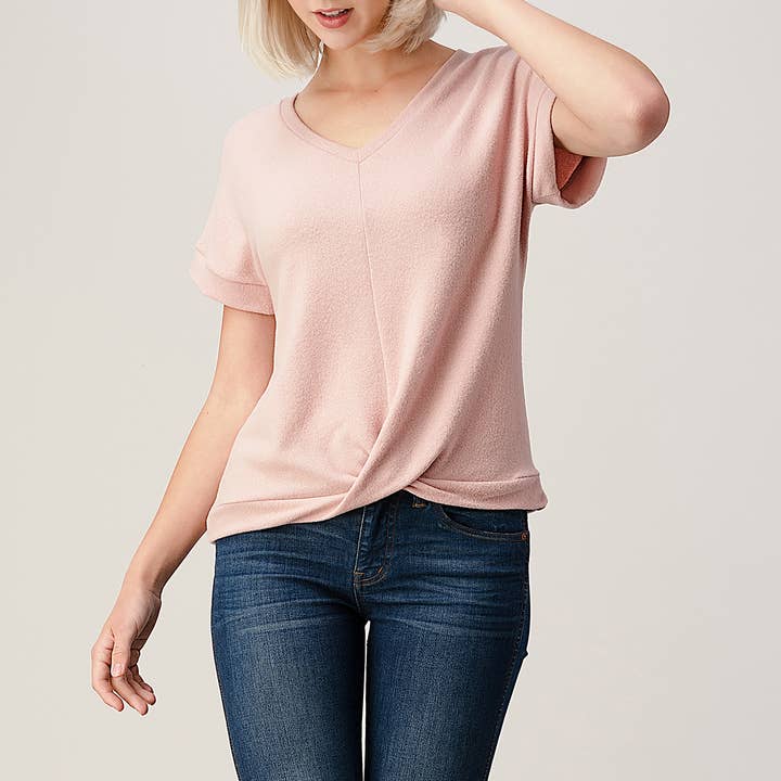 Heimious - Wholesale Knit Top - Women's - Twist Front Short Sleeve Brushed Knit Top, T3564