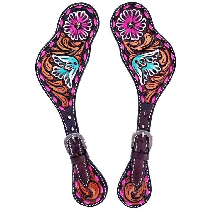 HILASON - Wholesale Horseback Riding Gear - Spur Strap American Leather Floral Carving Hand Paint
