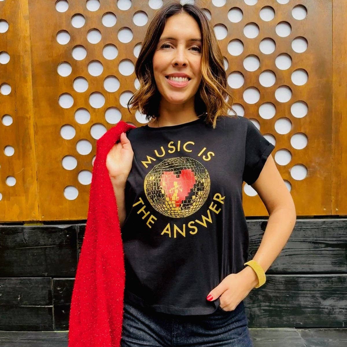 Disko Kids – wholesale Screen printed t-shirt – Women′s – Music Is The Answer Disco Ball Tshirt Black1