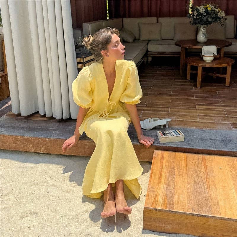 Yellow Solid Color Bubble Sleeve Top Skirt Set for wholesale on Faire2