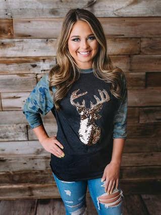 Sequin Deer on Camo Raglan for wholesale by Sew Fancy Designs
