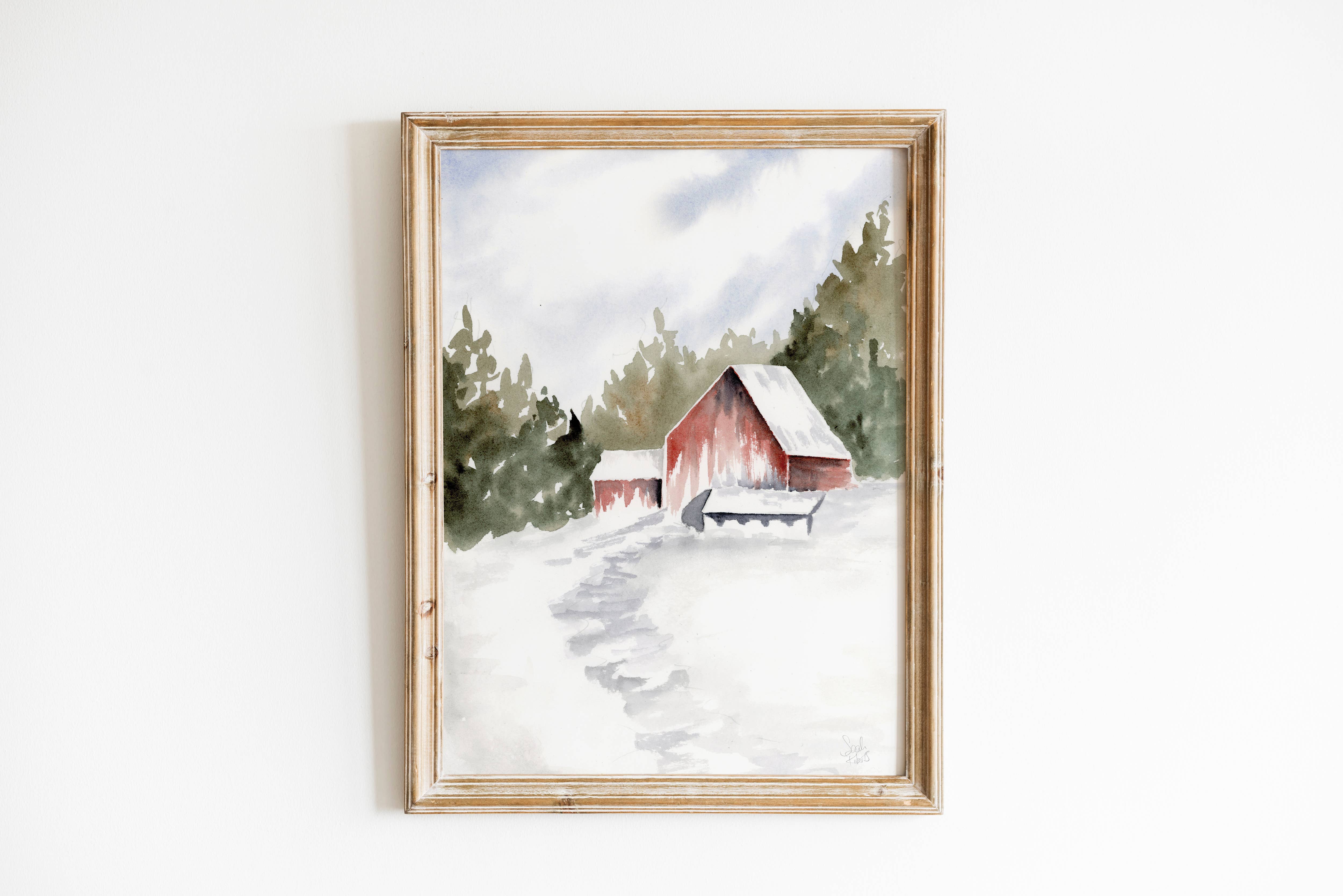 Sarah Jane Studio Art - Wholesale Art Print - Red Barn Winter Landscape Watercolor Print2