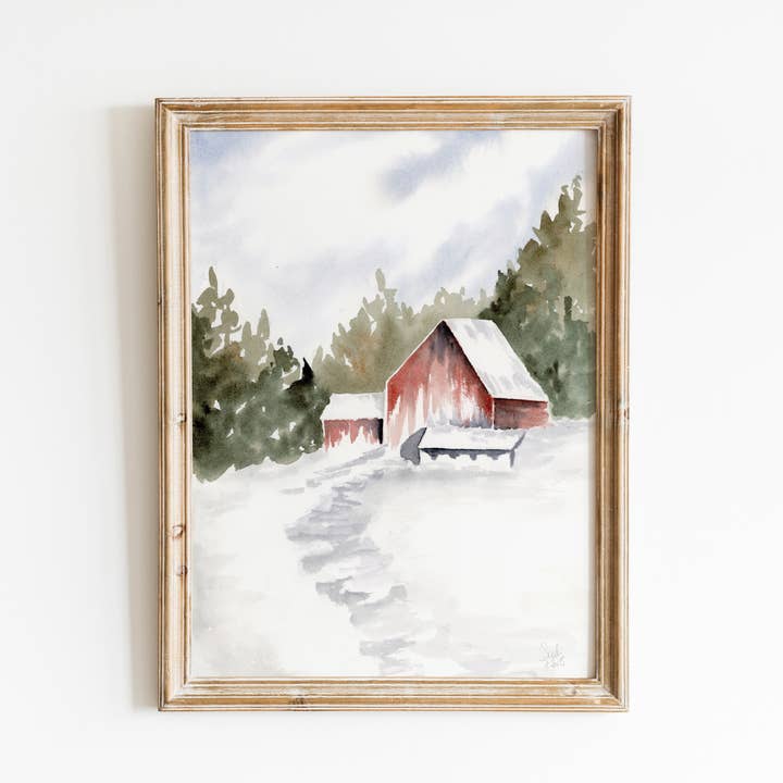 Sarah Jane Studio Art - Wholesale Art Print - Red Barn Winter Landscape Watercolor Print2