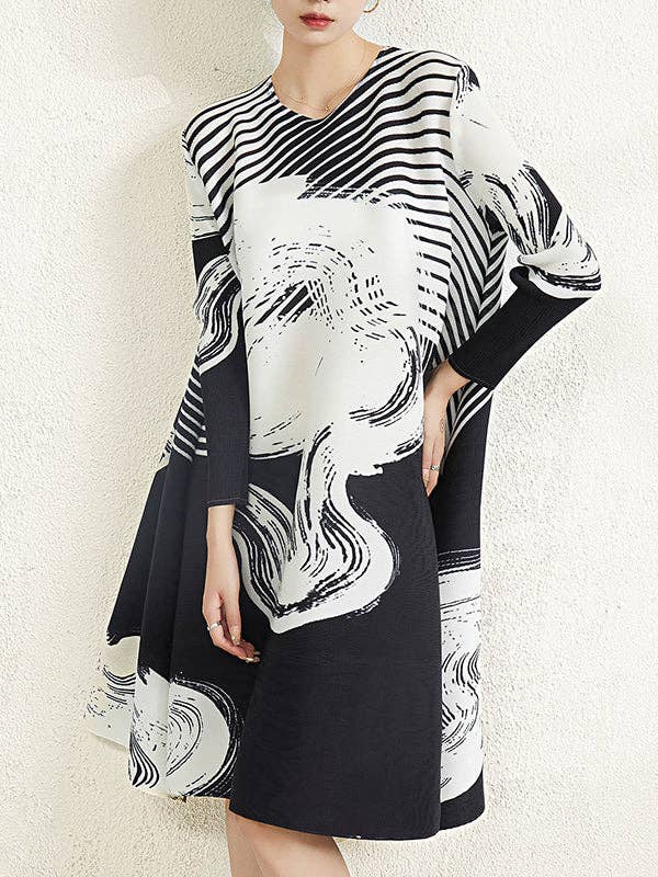 Long Sleeves Loose Pleated Printed Round-Neck Midi Dresses for wholesale by StyleGalX