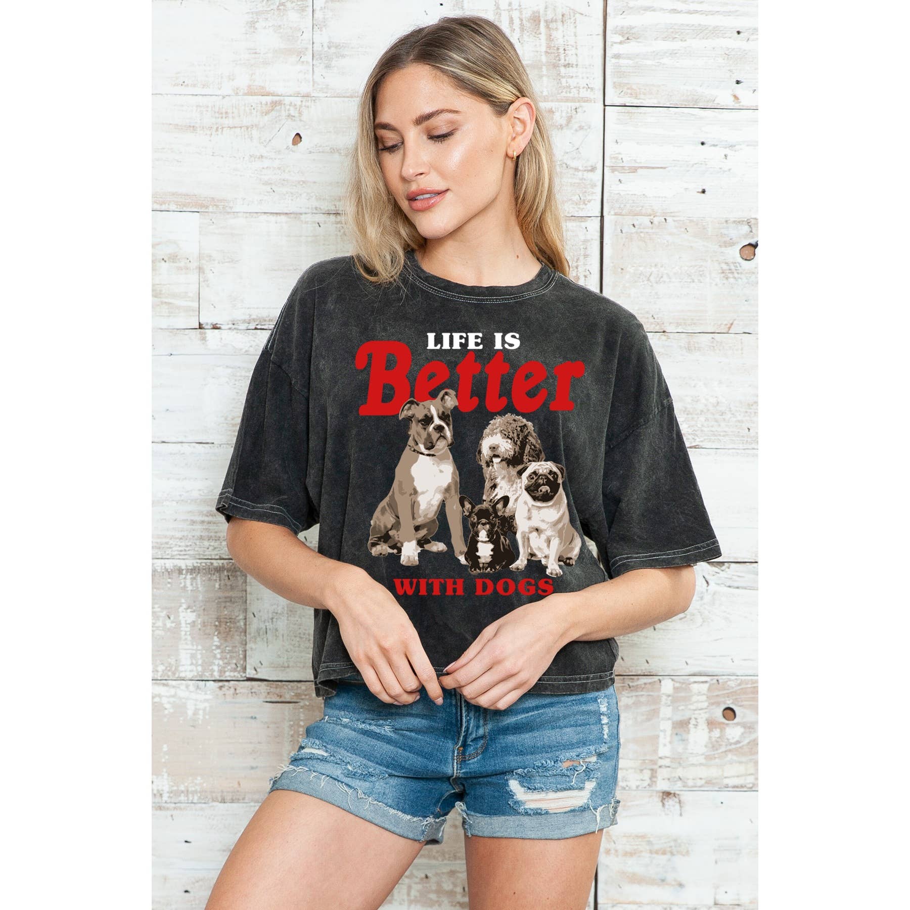 Amused by Blue - Wholesale T-Shirt (Graphic) - Women's - Life is Better with Dogs Mineral Wash Crop Top2