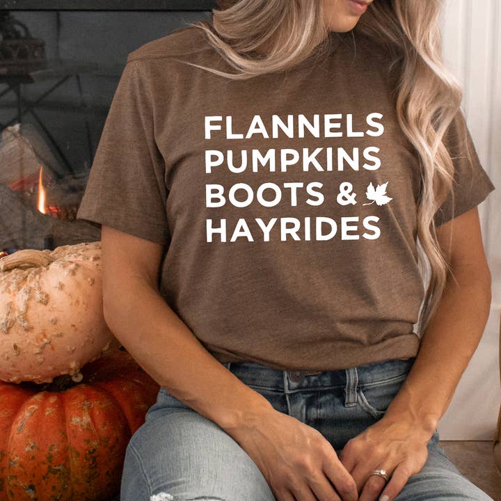 Zoe Creative Co - Vendita all'ingrosso Maglietta serigrafata - Donna - Flannels Pumpkins Boots Hayrides T-Shirt Autunno Camicia Ottobre3