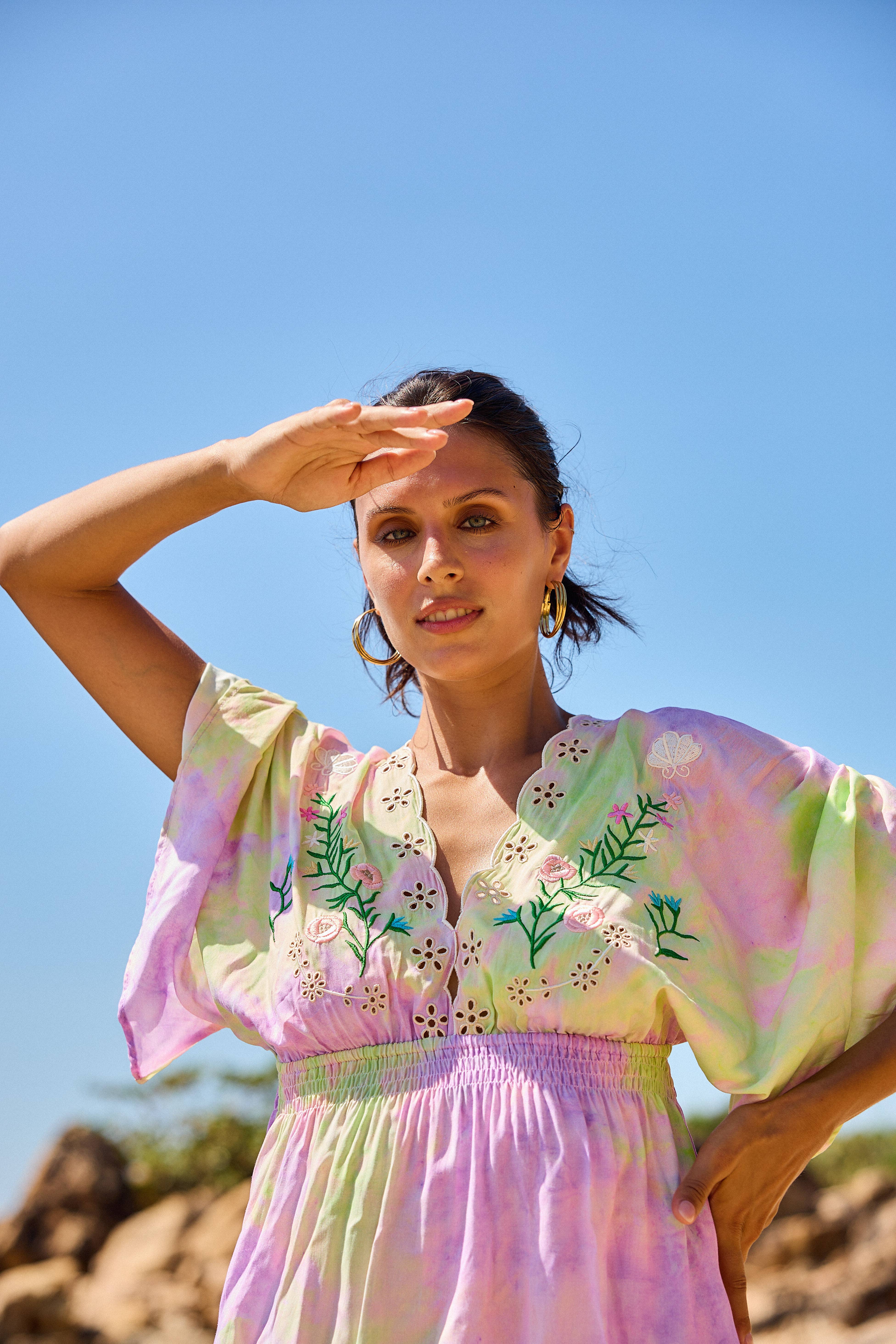 LILAC Maxi long dress with floral embroidery, V-neckline in front for wholesale on Faire1