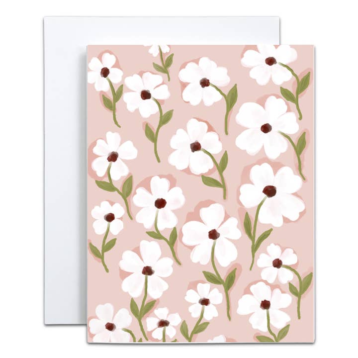 Biglietto d'auguri rosa con fiori bianchi - Interno vuoto per la vendita all'ingrosso da parte di mo.mitt