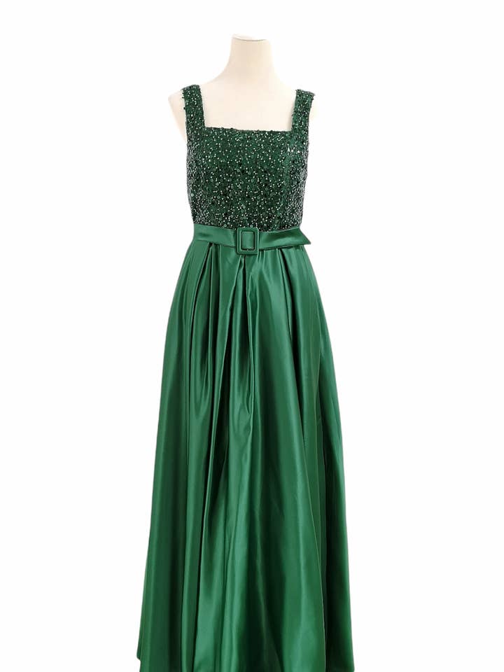 Robe longue de soirée col carré avec strass Vert émeraude pour la vente par Les Voiliers