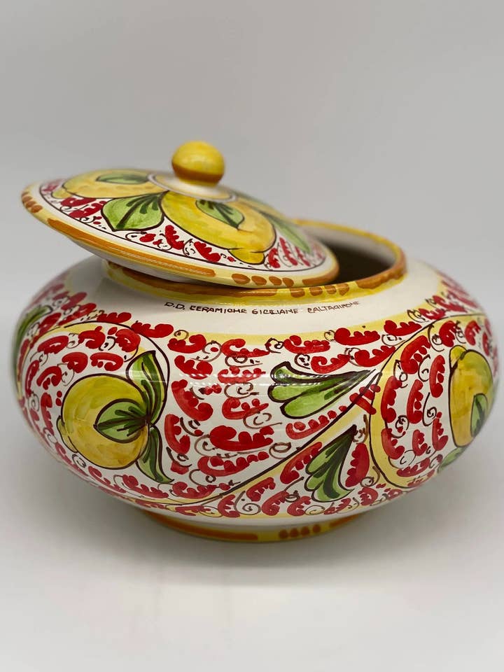 Boîte à biscuits décorée '600 citrons en céramique Caltagirone cm H.18 L.24 Artisan pour la vente par DD Ceramiche Siciliane