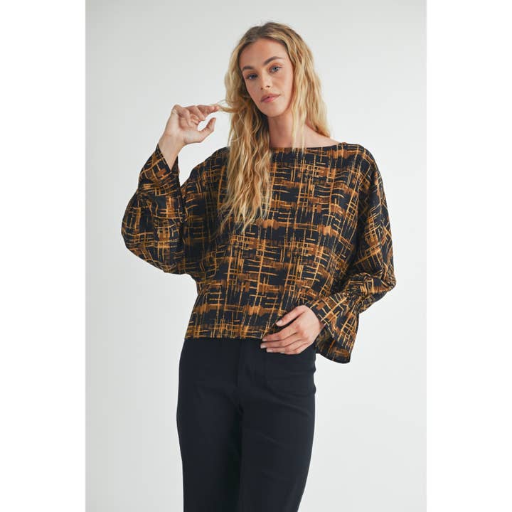 Black PLAID PRINT BOAT NECK BLOUSE for wholesale on Faire