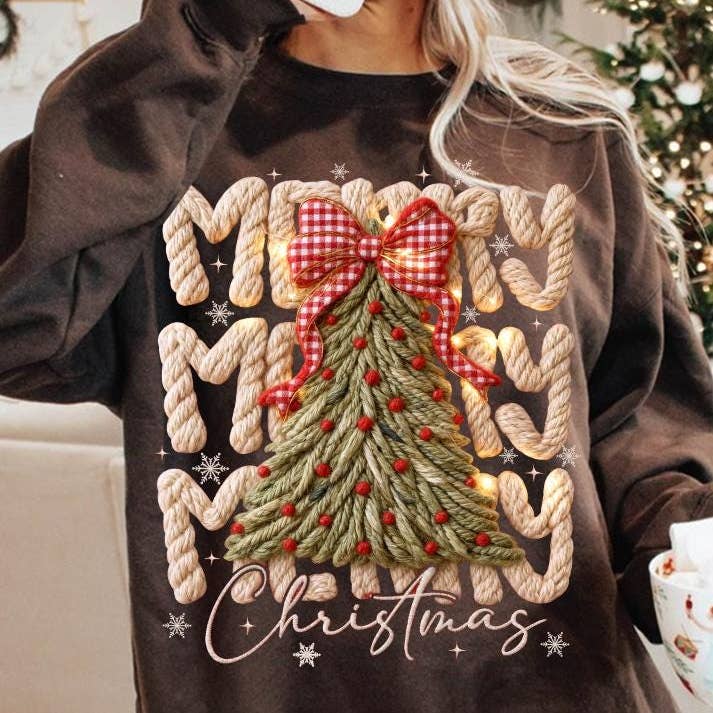 Faux Yarn Crochet Merry Christmas Shirt, Xmas Bow Sweater for wholesale by DLT Ecommerce