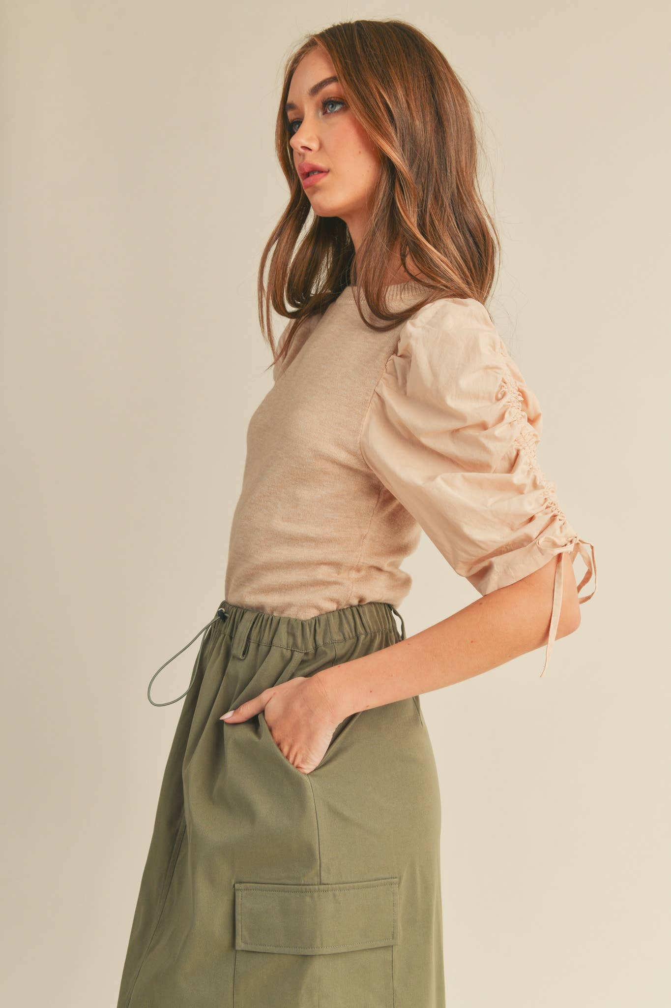 &MERCI - Wholesale Knit Top - Women's - RUCHED SLEEVE MIXED MEDIA TOP MSW24646