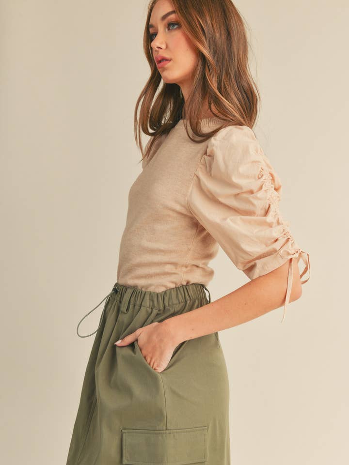 &MERCI - Wholesale Knit Top - Women's - RUCHED SLEEVE MIXED MEDIA TOP MSW24646