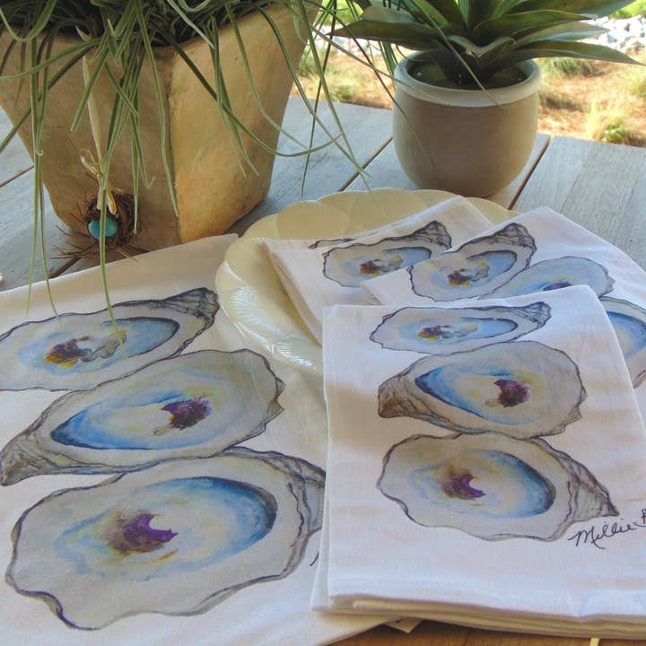 Lowcountry Linens - Wholesale Tea Towel - Limited Edition Watercolor 3 Oysters Flour Sack Towel