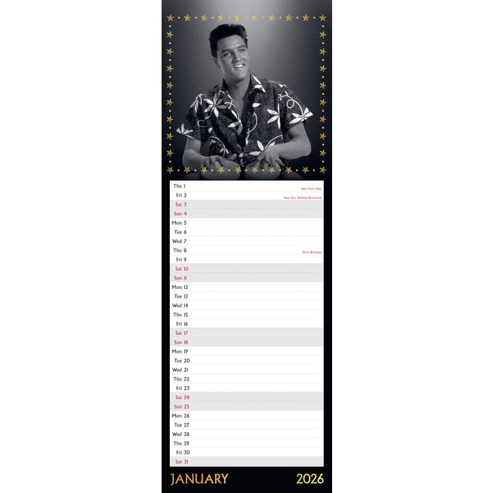 BrownTrout Publishers - Wholesale Calendar - Elvis 2026 Slimline Wall Calendar - Music2