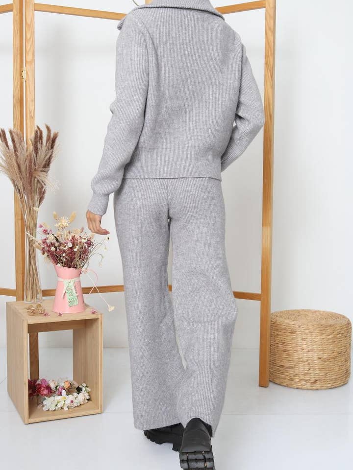 DIX-ONZE - Wholesale Top & Pant Set (NOT Loungewear) - Women's - Zipped Knit Set – Wide Collar Jacket & Straight Pants10