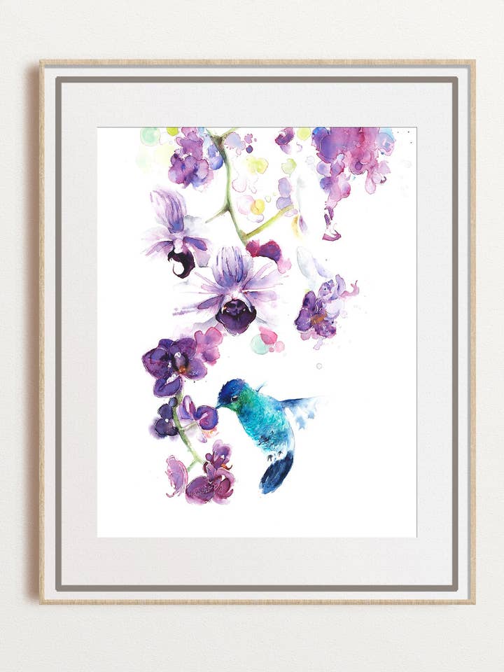 Hummingbird & Orchid Watercolor Art, Tropical Floral Print for wholesale by Yuliasheart