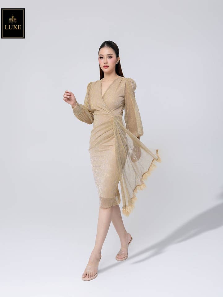 Vestido de Manga Comprida com Decote Cruzado e Detalhe Ornamentado por atacado de AlexyDesings