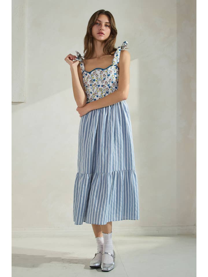 White Blue Combo Floral Print & Stripe Mixed Midi Dress for wholesale on Faire