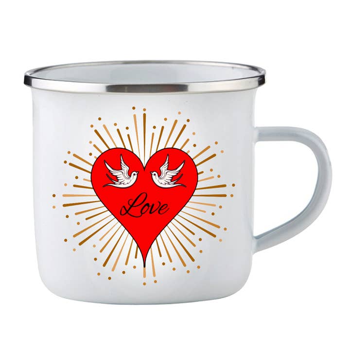 „Kærlighed fugle“ hjerte emalje Camping Cup for engroshandel hos Bronze Baboon