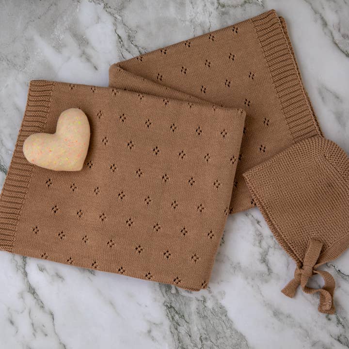 Trefle Infant Baby Blanket Bonnet Set - Cuban sand for wholesale by Pink Lemonade