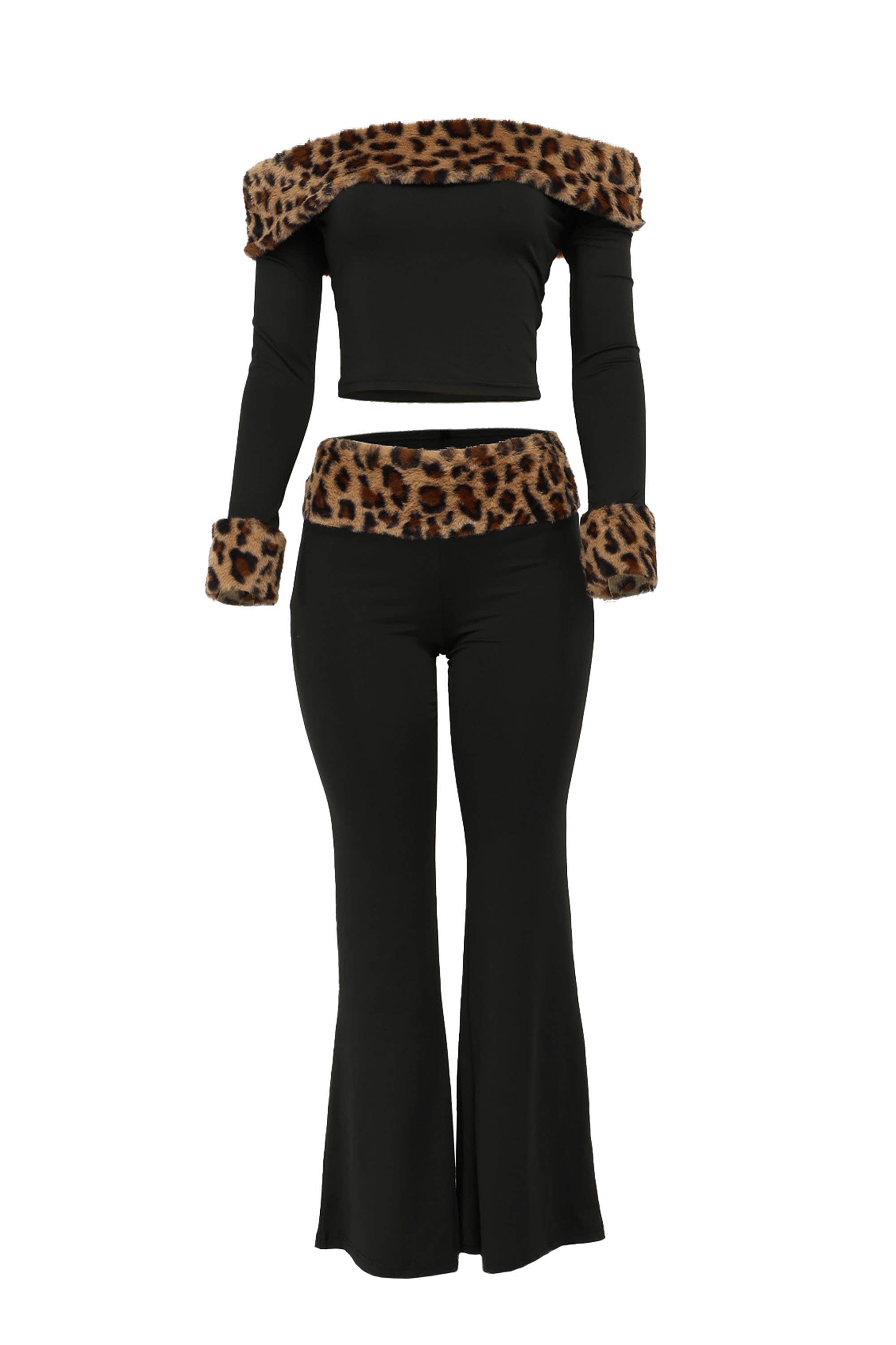 BLACK COMBO [SELECT]Leopard faux fur detailed top & pants set for wholesale on Faire0