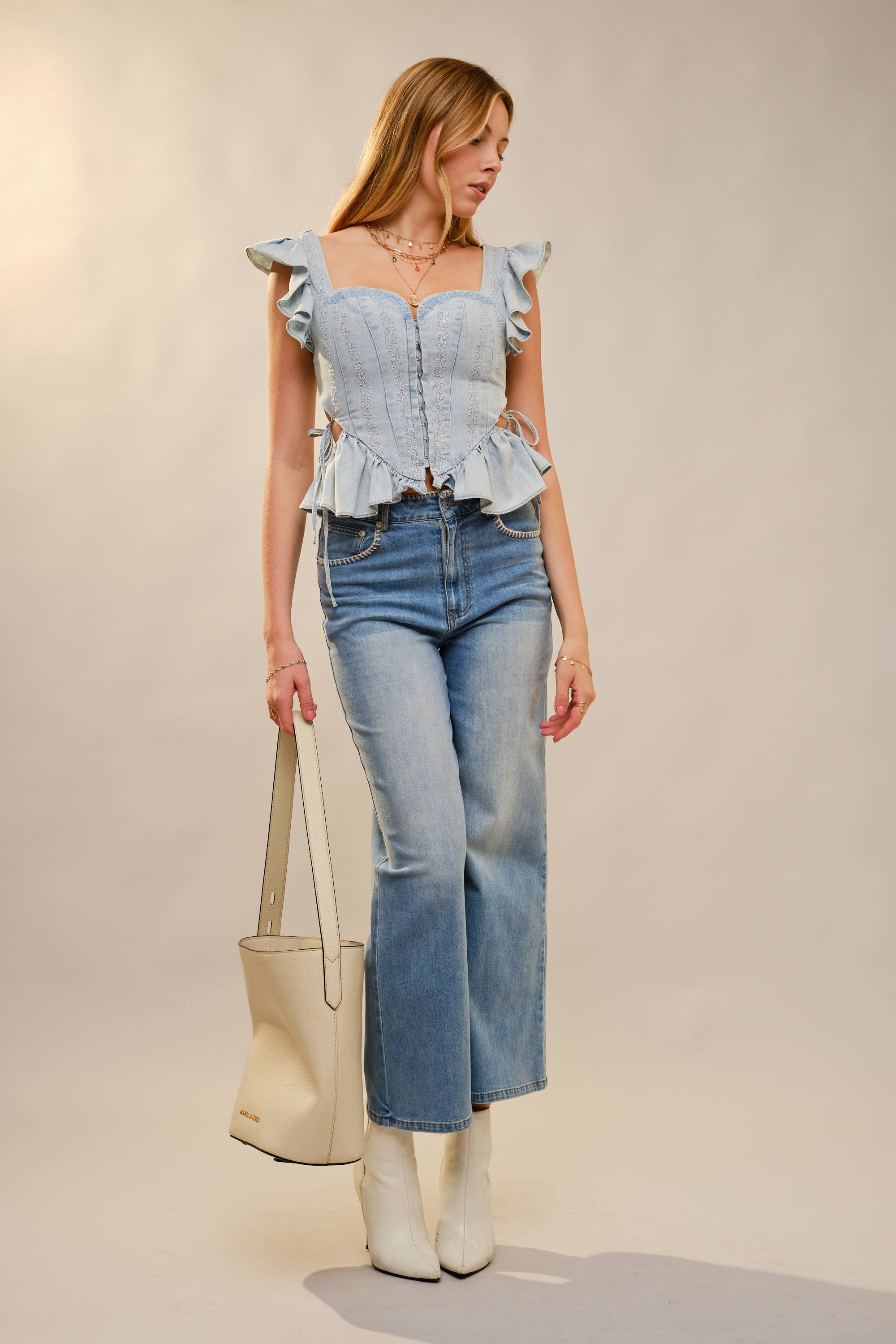 Blue B - Wholesale Blouse - Women's - 23447T - Embroidered Ruffle Sleeve Denim Corset12