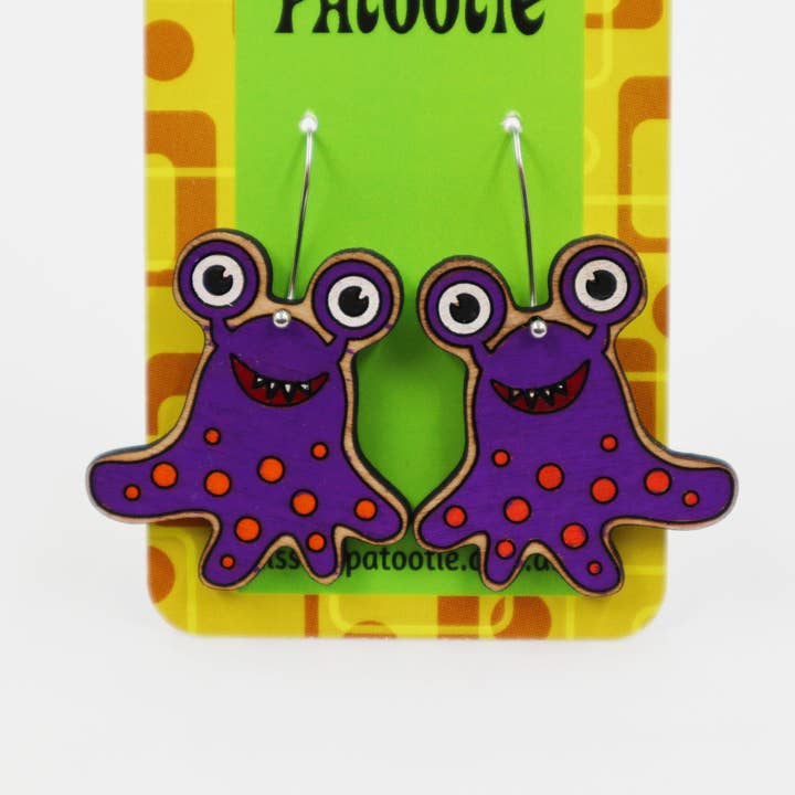 Wooden monster earrings for wholesale by Kiss My Patootie