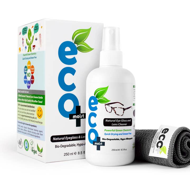 Ecomoist natuurlijke brillenglas optische reiniger 250 ml met fijne microvezelhanddoek voor wholesale door Zamaz Plc