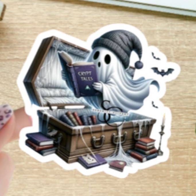 Reading Ghost with a Coffin Sticker for wholesale by Blu Butterfly Stickers