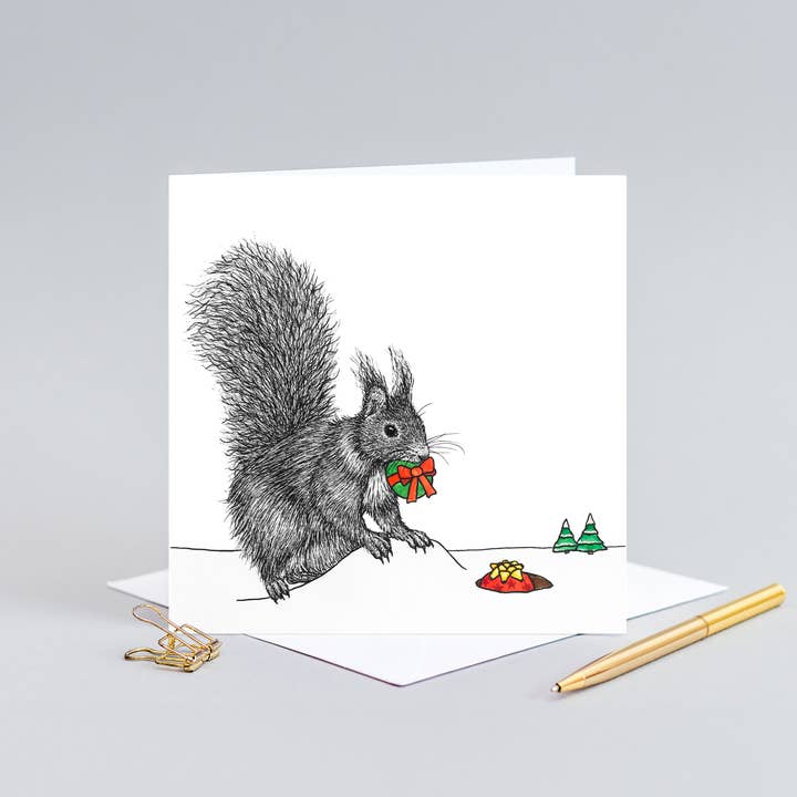 Biglietto di Natale con animali, motivo scoiattolo rosso//British Wildlife//Biglietti natalizi ecologici per la vendita all'ingrosso da parte di Wild Lines