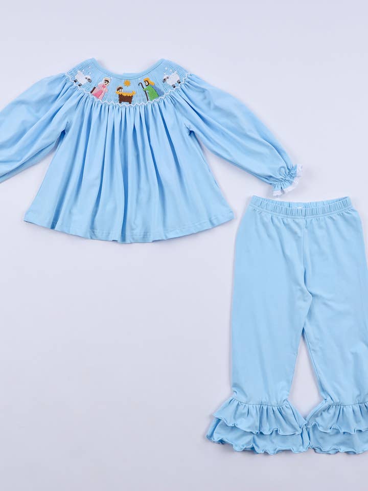 Blue nativity hand smocked ruffle pants set for wholesale by Mom & Co.