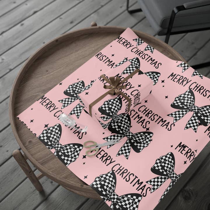 Checker Bow Christmas Wrapping Paper | Pink, Coquette, Punk for wholesale by Sweet South Design