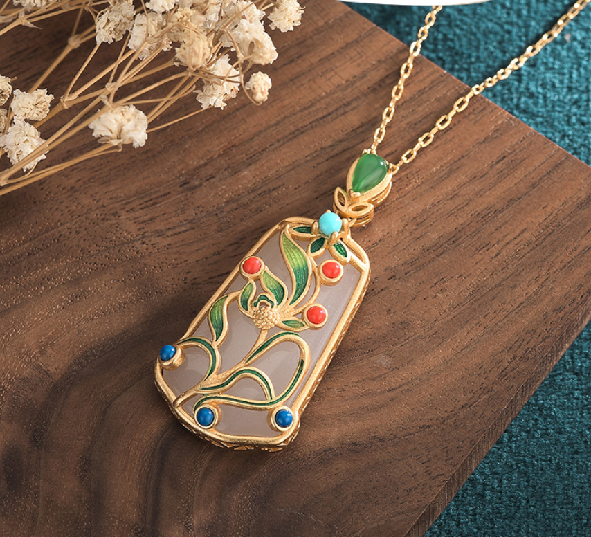 Bright MacMing - Wholesale Pendant/Charm Necklace - Enamel Flowers on Jade Necklace3