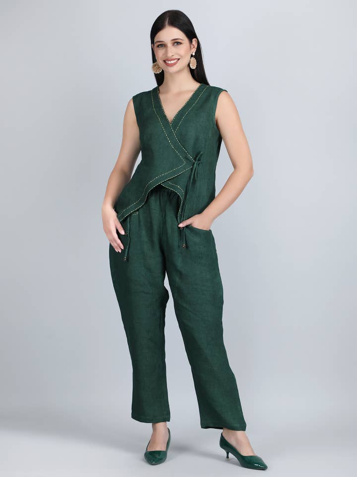 Women Green Pure Linen Hand Embroidered Co ord for wholesale by 1401 The Label