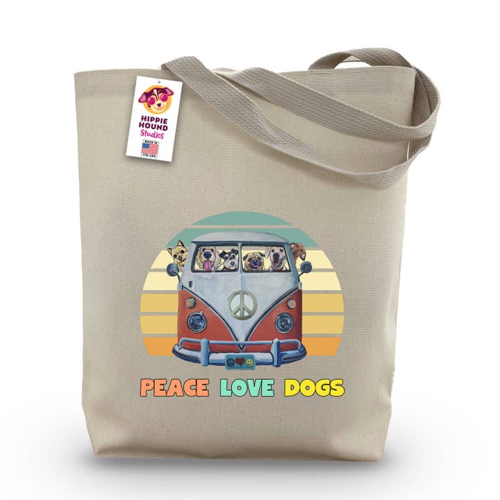 Gusseted Tote Bag, Dog Tote Bag, Peace Love Dogs for wholesale by Hippie Hound Studios