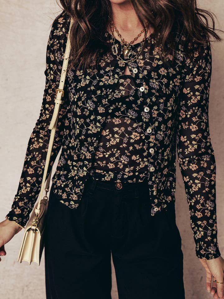 LDC Floral Mesh Tank Button Front Slim Cardigan 2pcs Set for wholesale by Little Daisy Closet