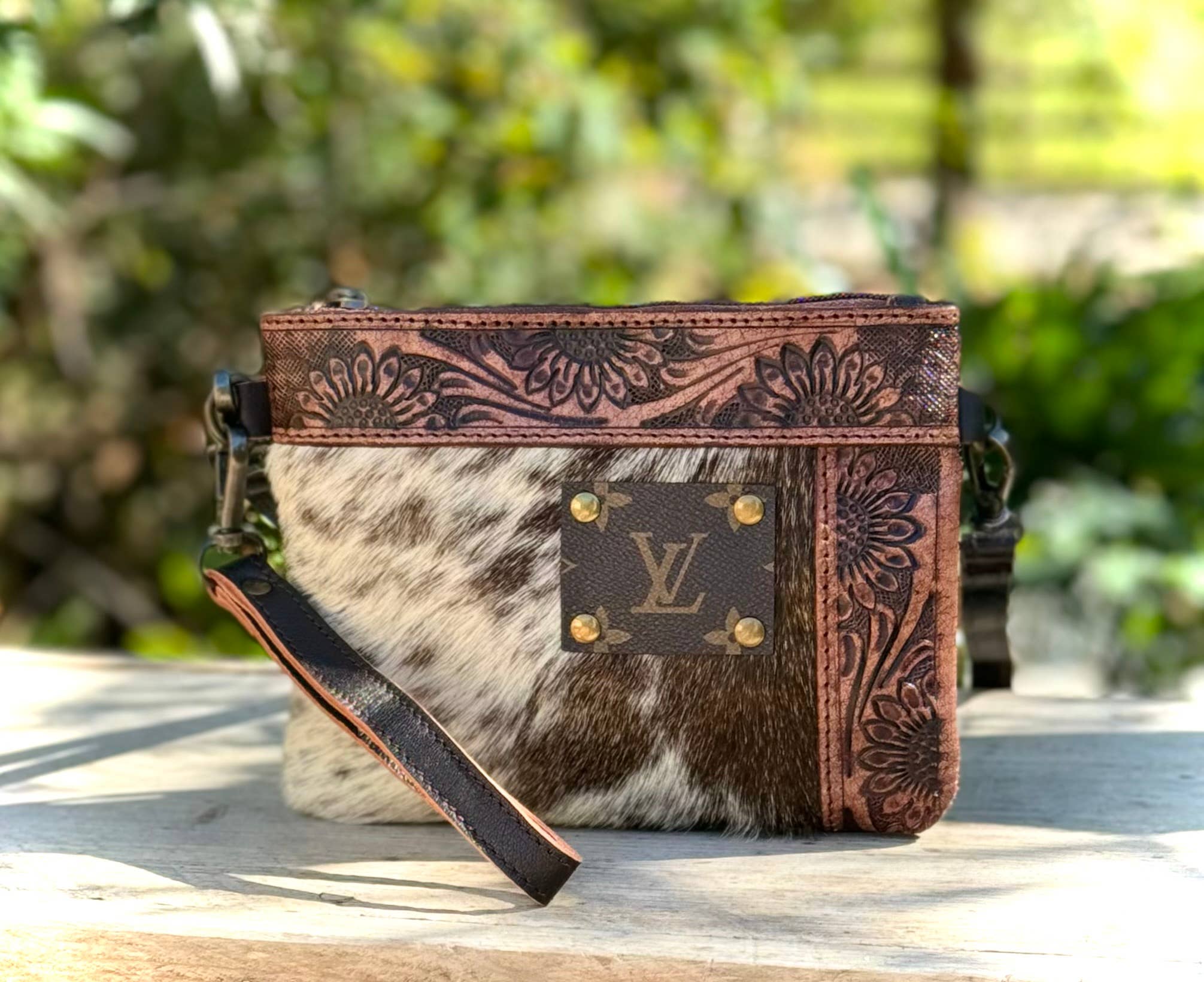 Southern Junkie Gypsy Boutique - Wholesale Crossbody Bag - Women's - Upcycled LV Cowhide Leather Crossbody Wristlet Bag Western 2