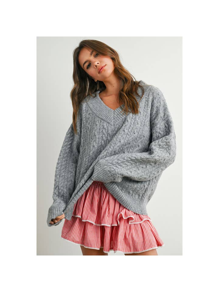 BUTTERMELON - Wholesale Knit Sweater - Women's - V-Neck Cable-Knit Long Sleeve Top - BMW787241