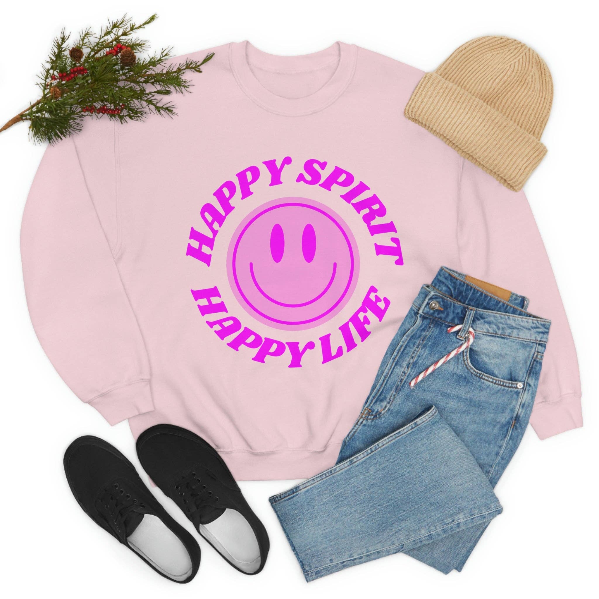 Happy Life Stuff - Wholesale Graphic Sweatshirt - Women's - Happy Spirit Happy Life Sweatshirt, VSCO Girl Crewneck, Oversized Retro Font Graphic Tumblr, Front Print Smile Face Trendy Cover Up27