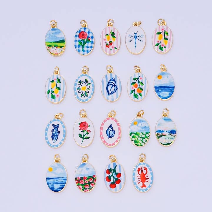 Pendentif ovale en émail 23mm rempli d'or 24K pour les vacances de printemps en fleur, papillon et nature | AH-544 AH-545, AJ-513, AJ-514, AJ-520, AJ-528 - AJ530, AJ-532 - AJ-535, AJ-539 AJ-540, AJ-544 AJ-545, AJ-547 pour la vente par Aim Eternal