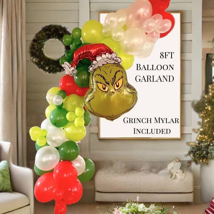 Grinch Holiday Balloon Arch Kit with Grinch Mylar (8 feet) for wholesale by Ellie's Party Supply