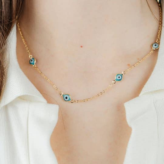 Evil Eye Gold and Silver Charm Protection Turkish Eye Blue Bead Choker Necklace for wholesale by The Colourful Aura
