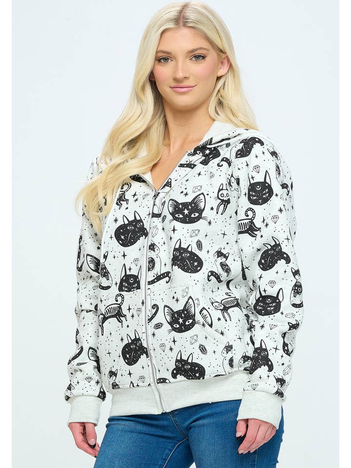 LA Soul - Wholesale Hoodie - Women's - Crystal Cat Print Zipper Hoodie