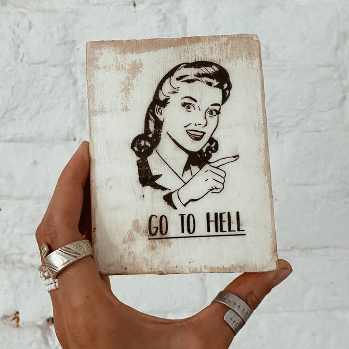 go to hell mood home decor block for wholesale by Surf Beni