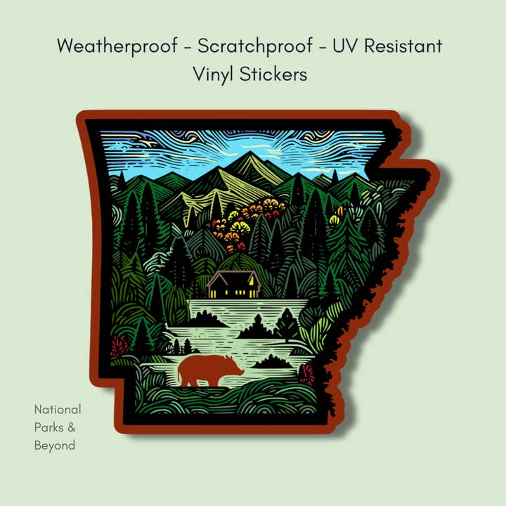 National Parks and Beyond - Wholesale Sticker - Cabin In The Arkansas Ozark Mountians State 3" Vinyl Sticker1
