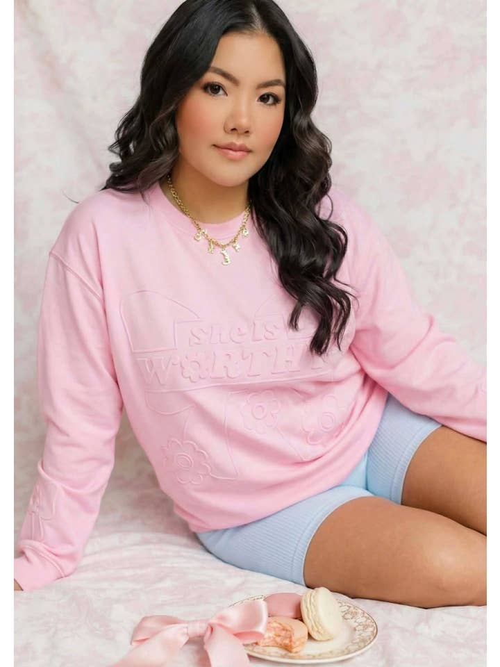 JadyK - Wholesale Sweatshirt - Women's - Spring 2026 - She Is Worthy Bow Emboss Sweatshirt