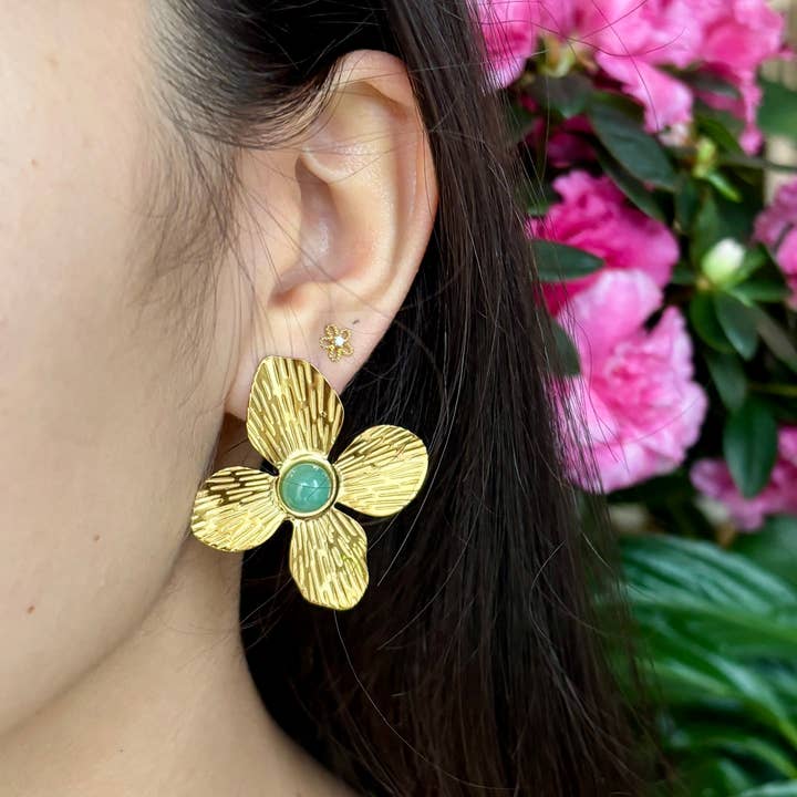 18ct Gold Plated Green Aventurine Flower Earrings for wholesale by Ocean Ripples